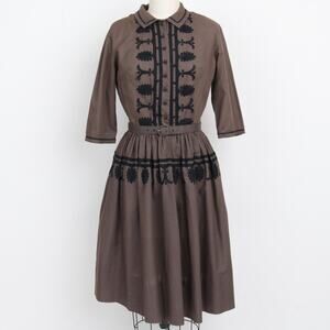 Vintage 1950s L'Aiglon Embroidered Brown and Black Dress XS